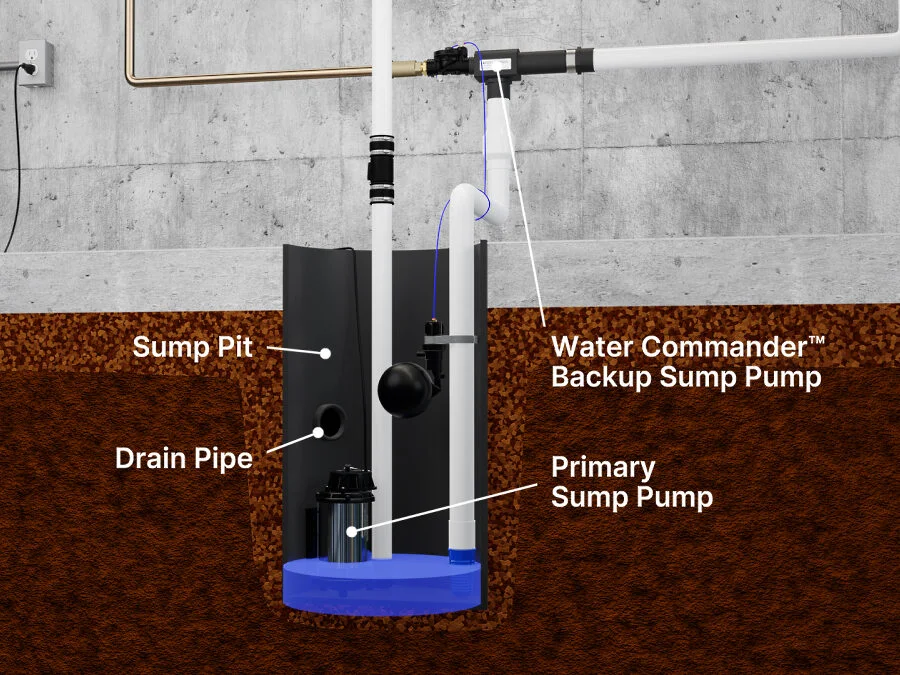 Diagram of primary sump pump and backup sump pump with sump pit, drain pipe and pump water