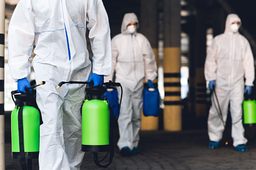 Cleaning mold infestation with spray bottle and protective equipment